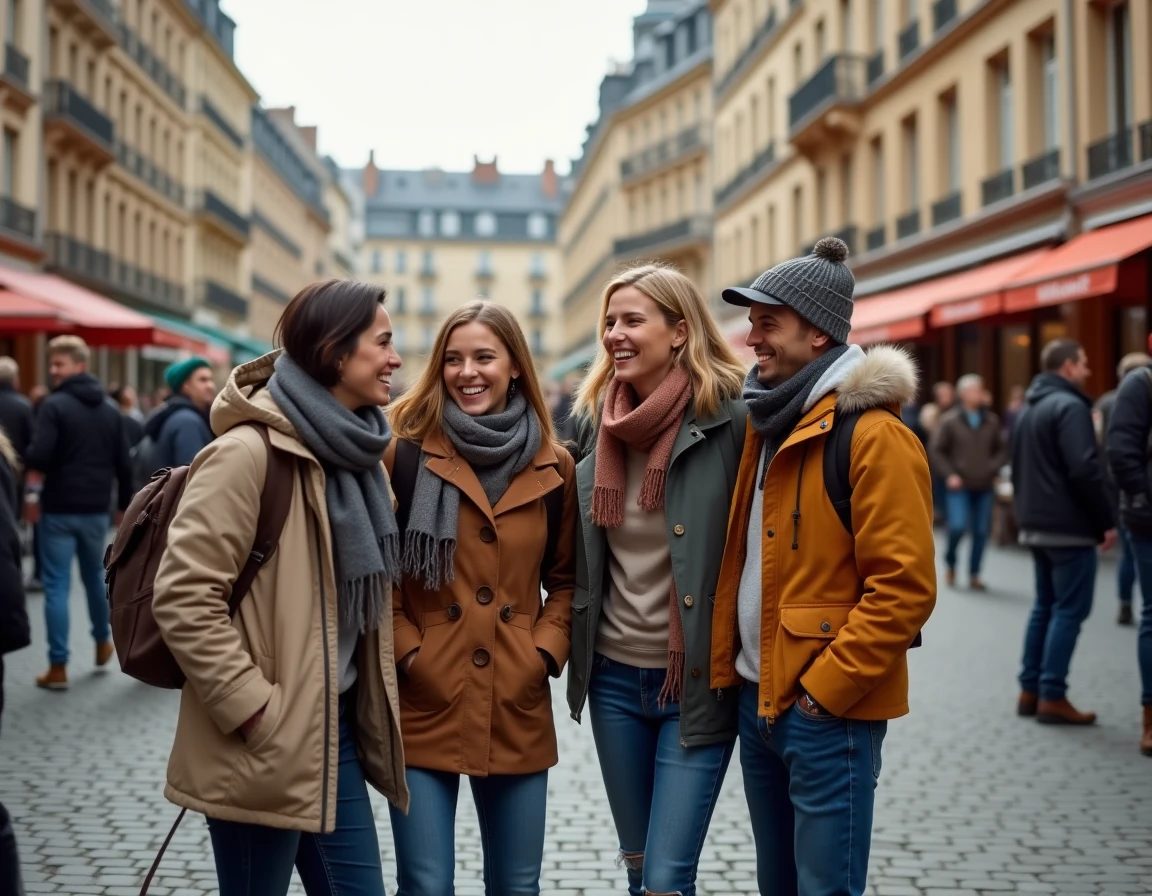 Groupe d'amis découvrant une animation de rue dans le centre de Lyon avec Quintonic