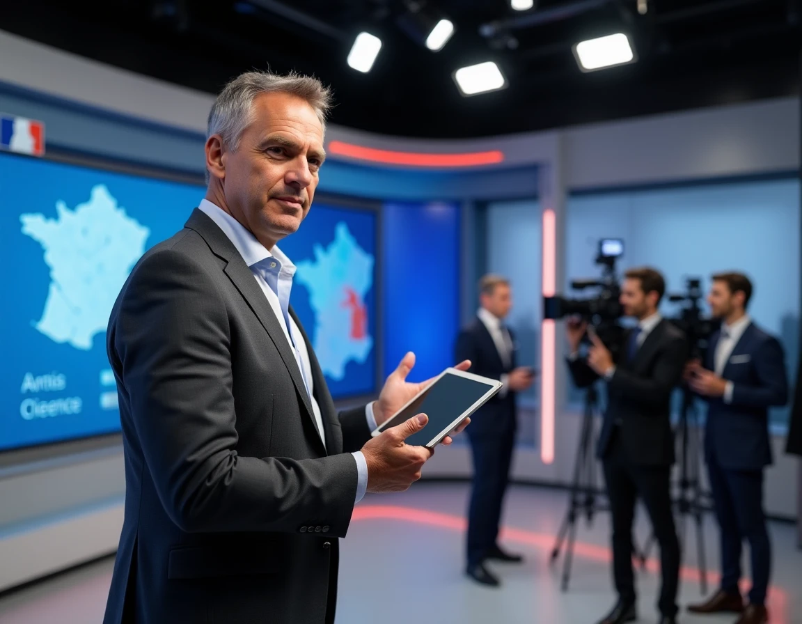 Analyste politique français présentant des perspectives sur l'actualité dans un studio de télévision
