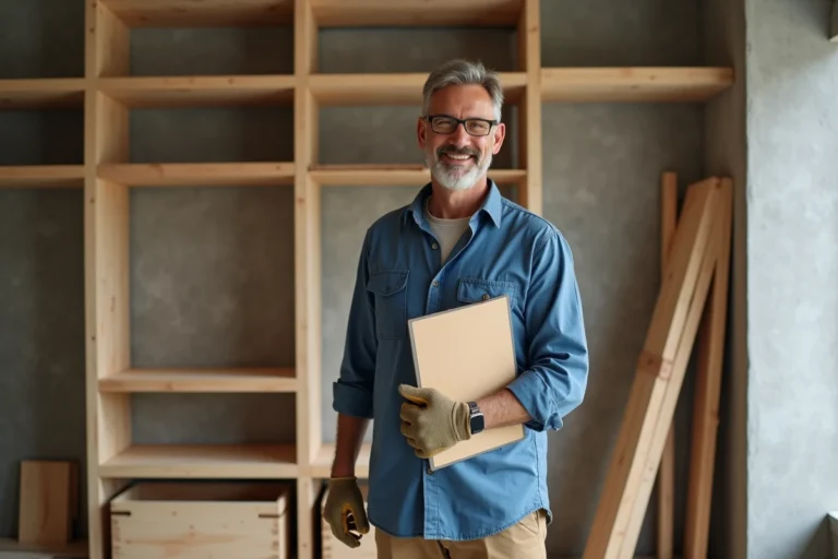 Artisan homme souriant avec une étagère en bois dans une maison