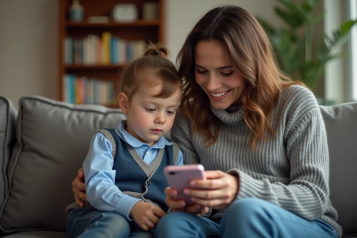 Une mère et son enfant assis sur un canapé consultent ensemble un calendrier familial partagé sur une application mobile.