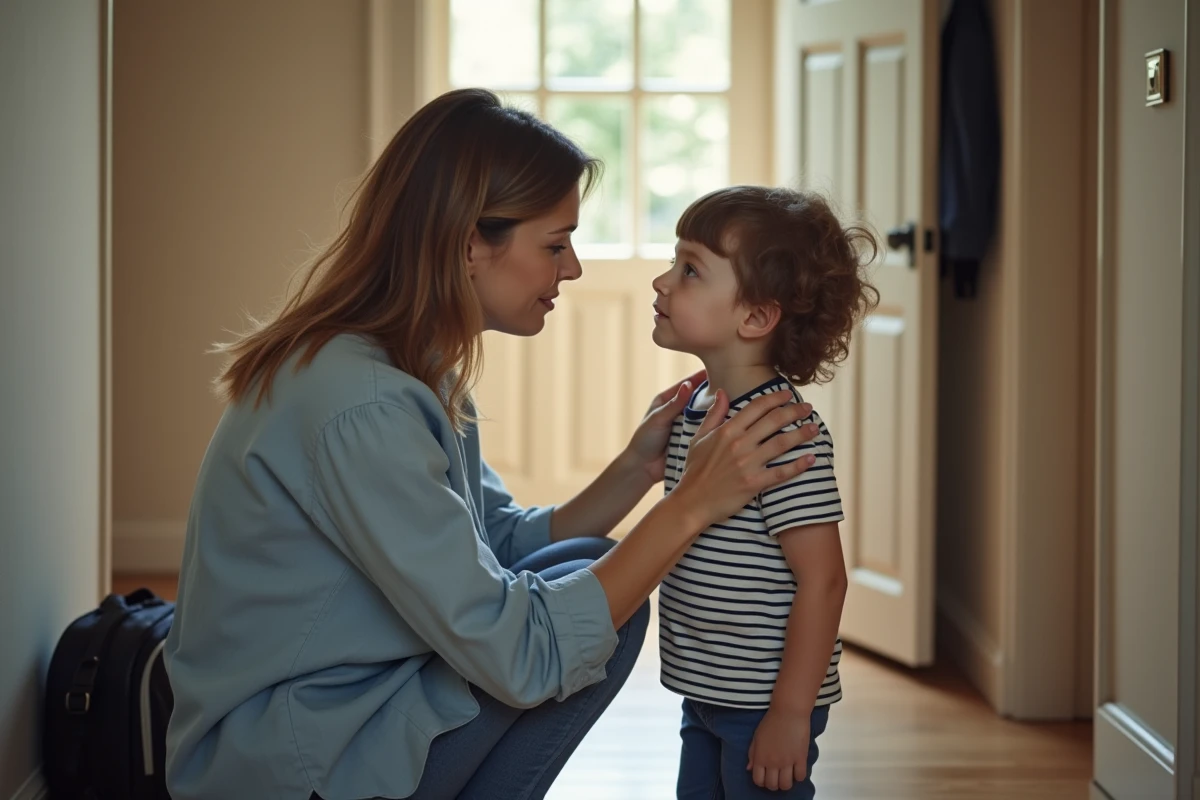 Une mère s'agenouille pour se mettre à la hauteur de son jeune enfant dans l'entrée, partageant un moment calme de co-régulation émotionnelle avant une transition.
