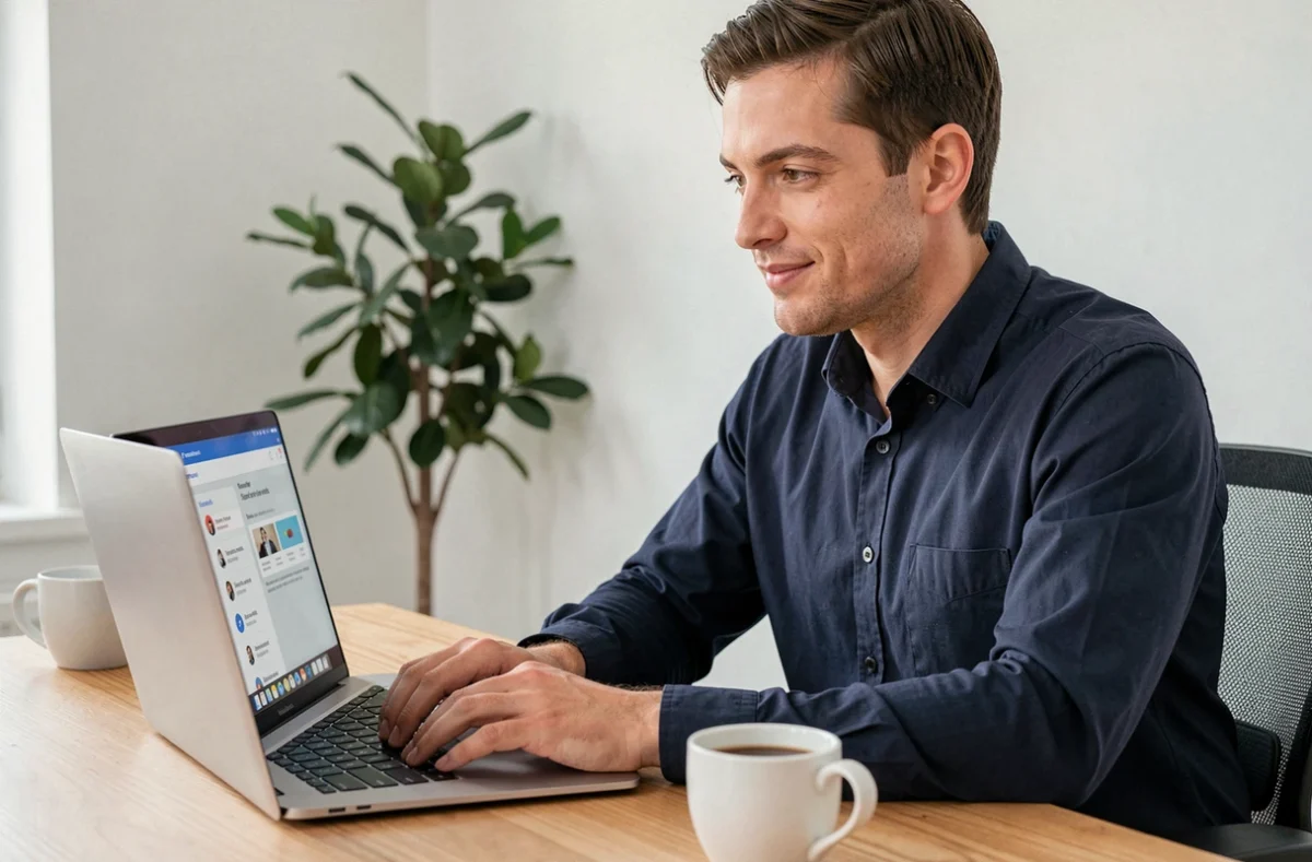 Homme utilisant un compte premium 1fichier sur son ordinateur portable dans un bureau à domicile moderne
