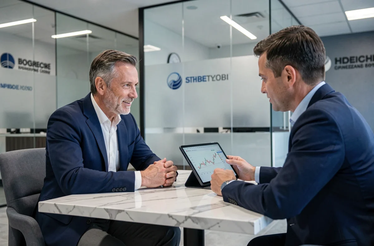 Client et conseiller bancaire discutant d'un plan financier dans une agence bancaire moderne
