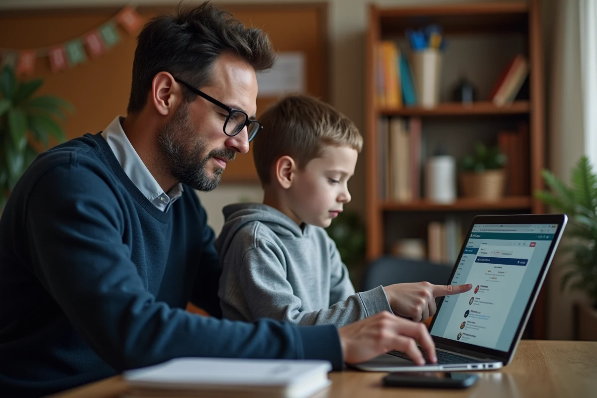 Un père et son enfant consultent ensemble le portail ENT scolaire sur un ordinateur portable, l'enfant pointant des informations à l'écran.
