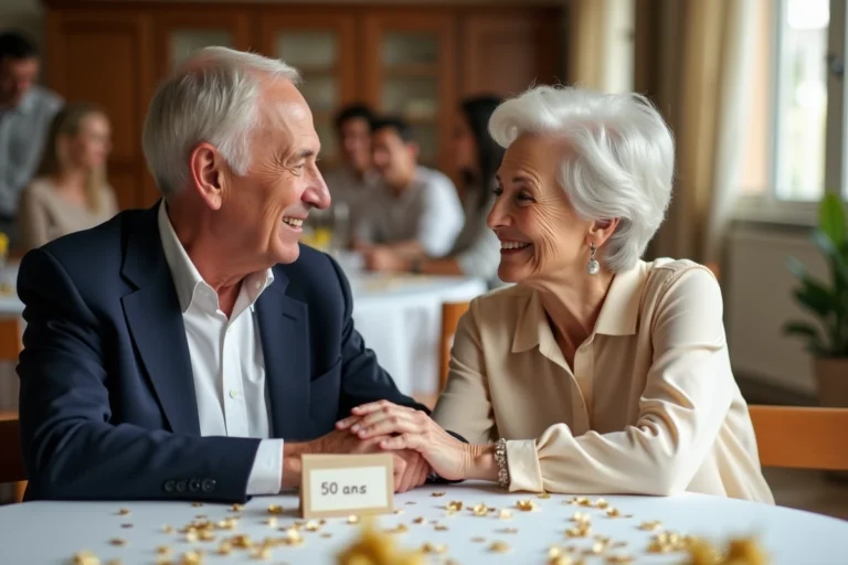 Couple de personnes âgées tenant leurs mains sur une table décorée pour un 50e anniversaire de mariage en or