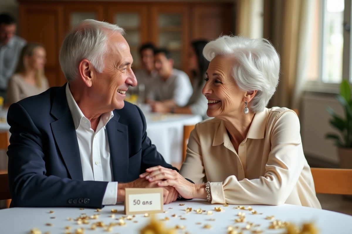 Couple de personnes âgées tenant leurs mains sur une table décorée pour un 50e anniversaire de mariage en or