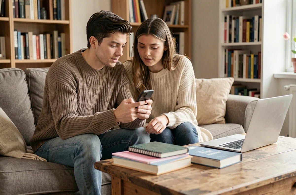 Jeune couple gérant leurs finances ensemble via une application bancaire mobile dans leur salon
