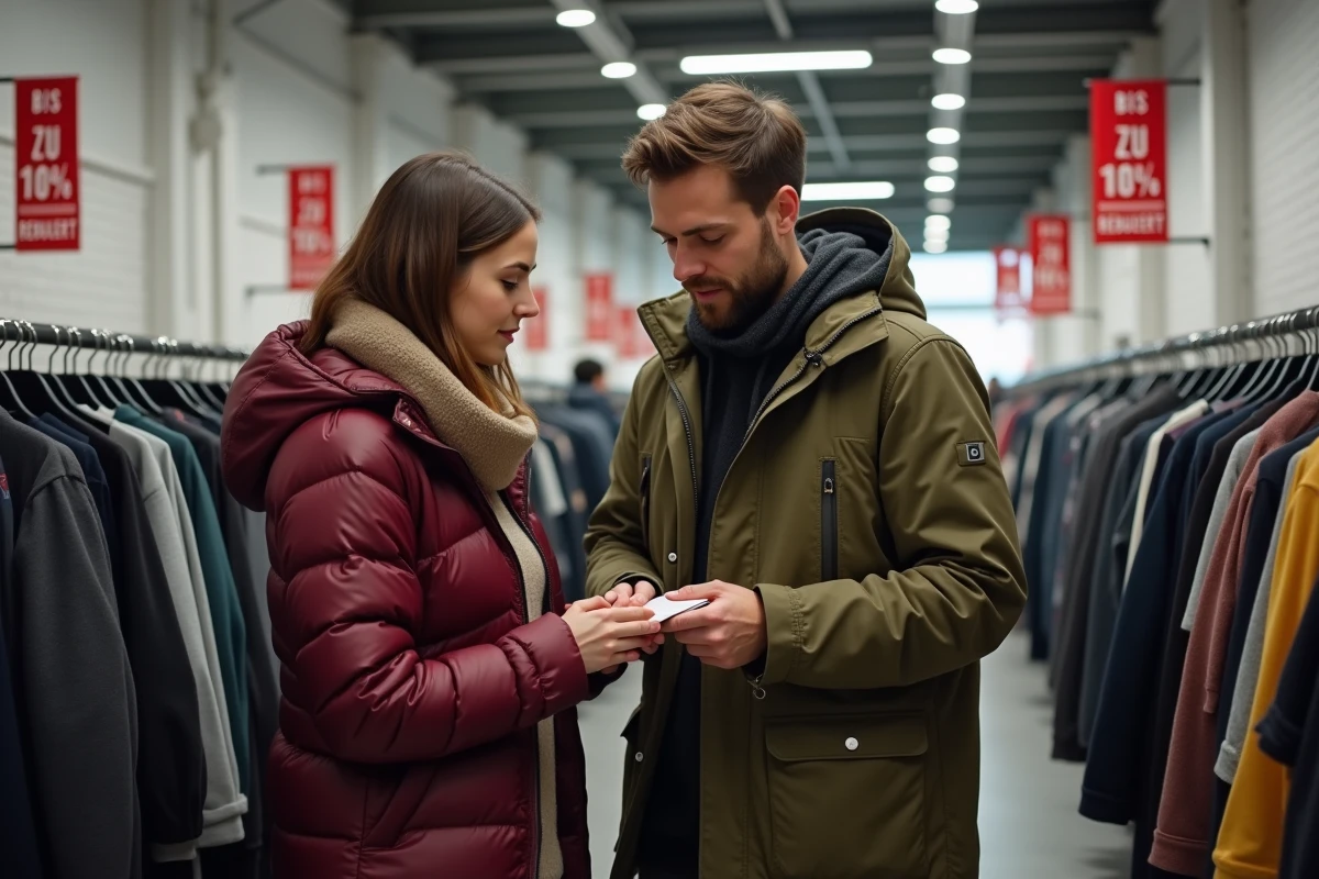 Couple en train de chercher des vêtements en promotion dans un outlet allemand pendant les périodes de soldes
