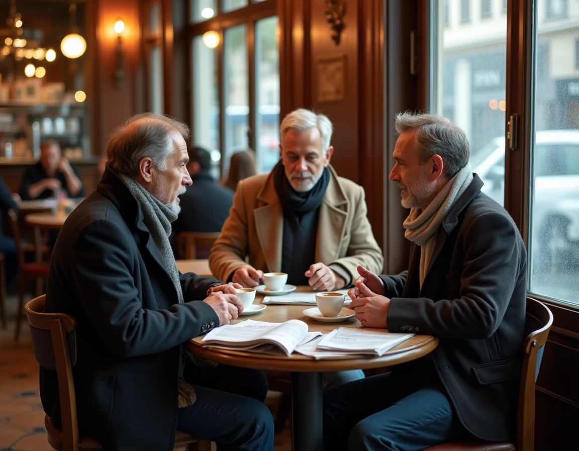 Citoyens français débattant de l'actualité autour d'un café dans une brasserie parisienne