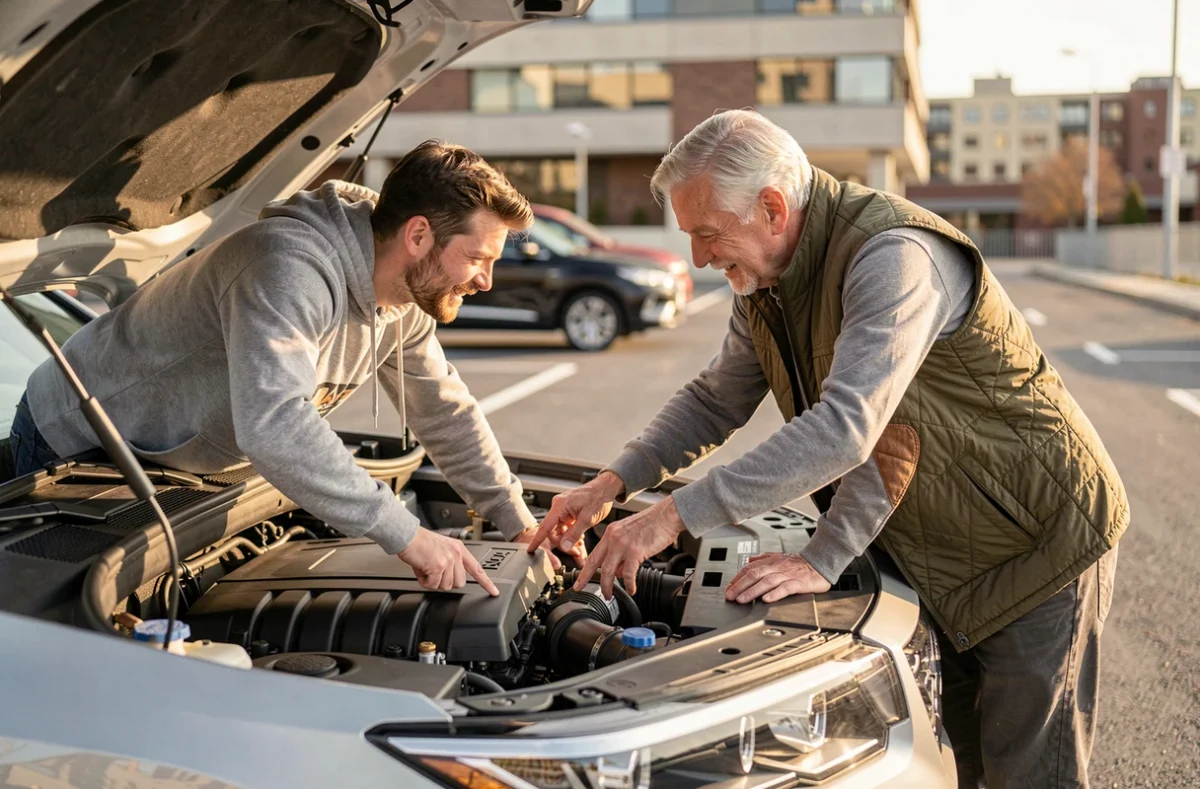 Deux passionnés d'automobile de générations différentes discutant du moteur d'un SUV sportif en extérieur