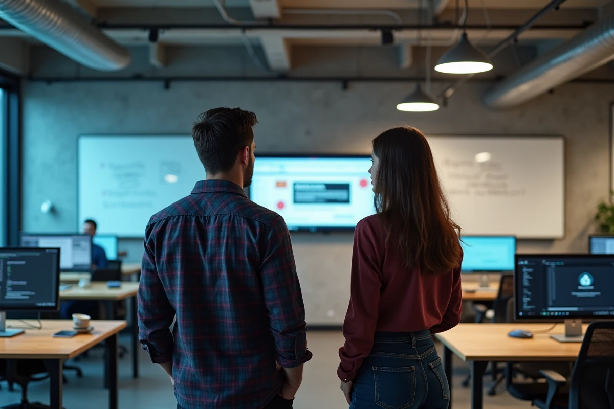 Deux développeurs consultant ensemble les ressources du site Labo Linux dans un espace de travail moderne collaboratif