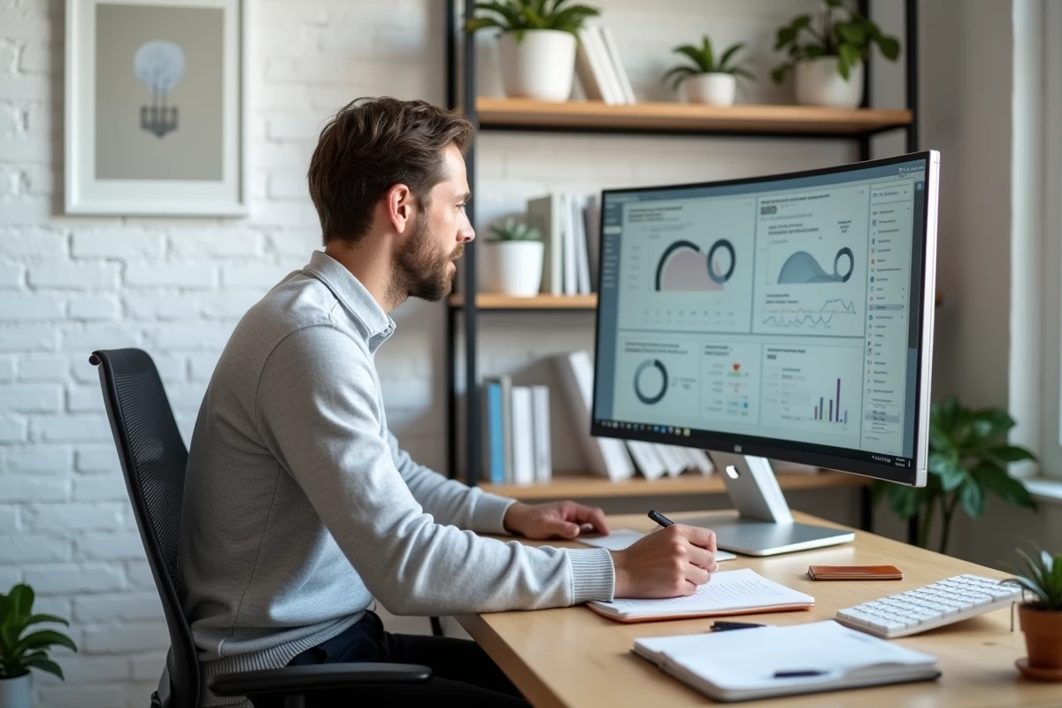 Entrepreneur travaillant seul dans un bureau épuré à domicile sur des indicateurs de performance pour optimiser son activité