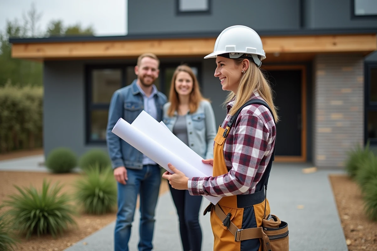 Entrepreneure en construction parlant avec un couple devant une maison
