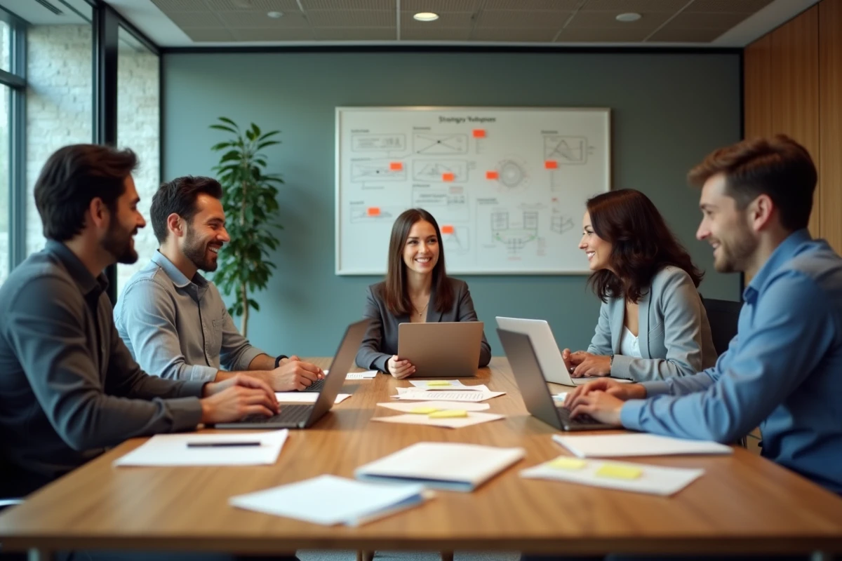 Équipe de professionnels en réunion stratégique autour d'une table de travail pour améliorer la performance et la gestion d'activité