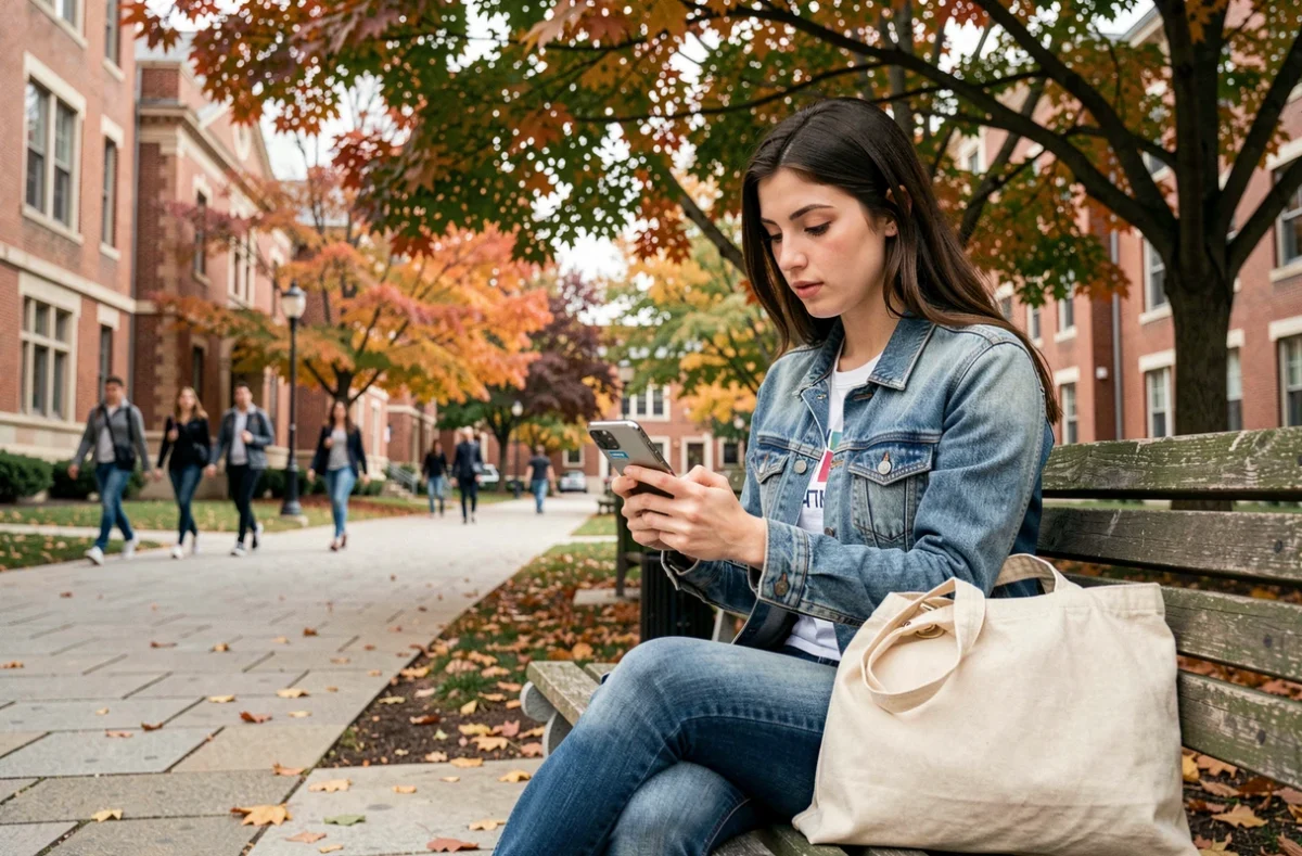 Étudiante universitaire consultant l'actualité scolaire sur son smartphone sur un campus en automne