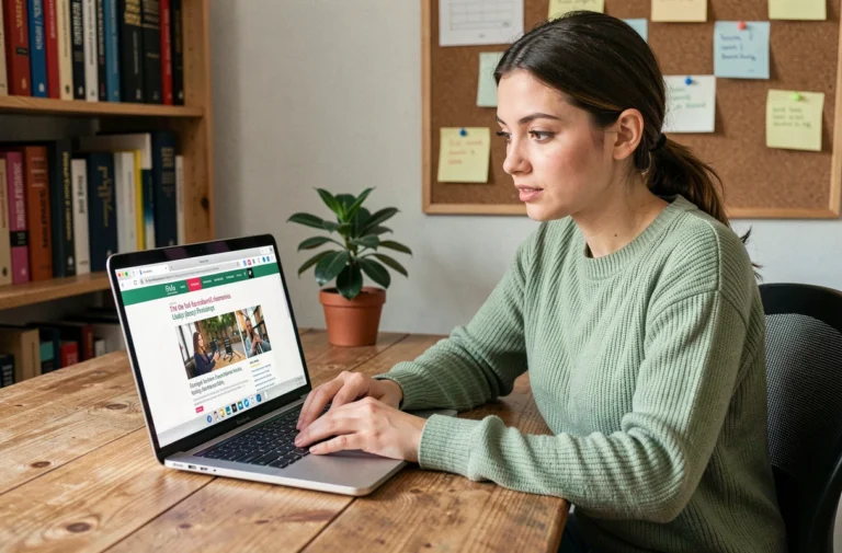 Jeune femme consultant un site d'actualité éducative sur son ordinateur portable dans un bureau à domicile