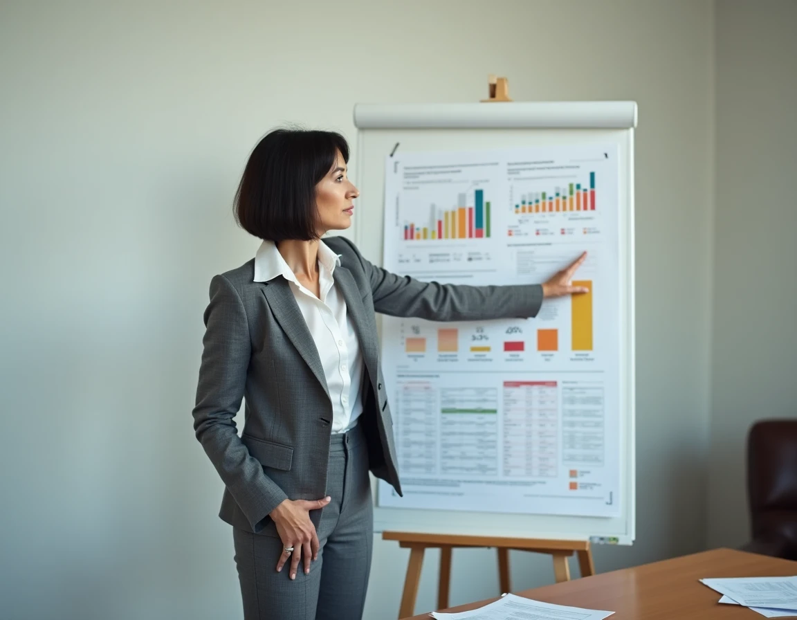 Femme analyste pointant un graphique d'indice de confiance sur un tableau blanc lors d'une session d'audit critique