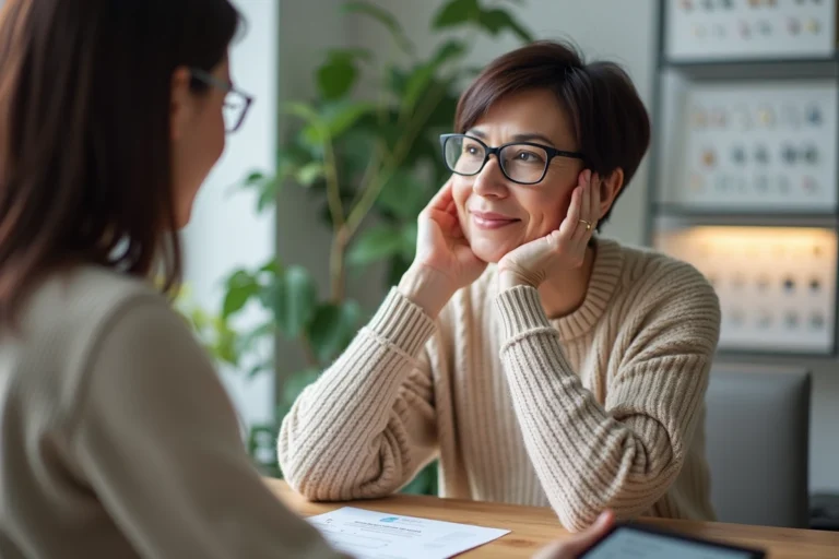 Femme attentive lors d'une consultation auditive
