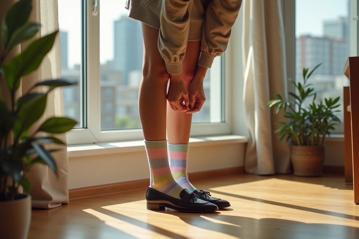 Femme en intérieur ajustant ses chaussettes pastel près d
