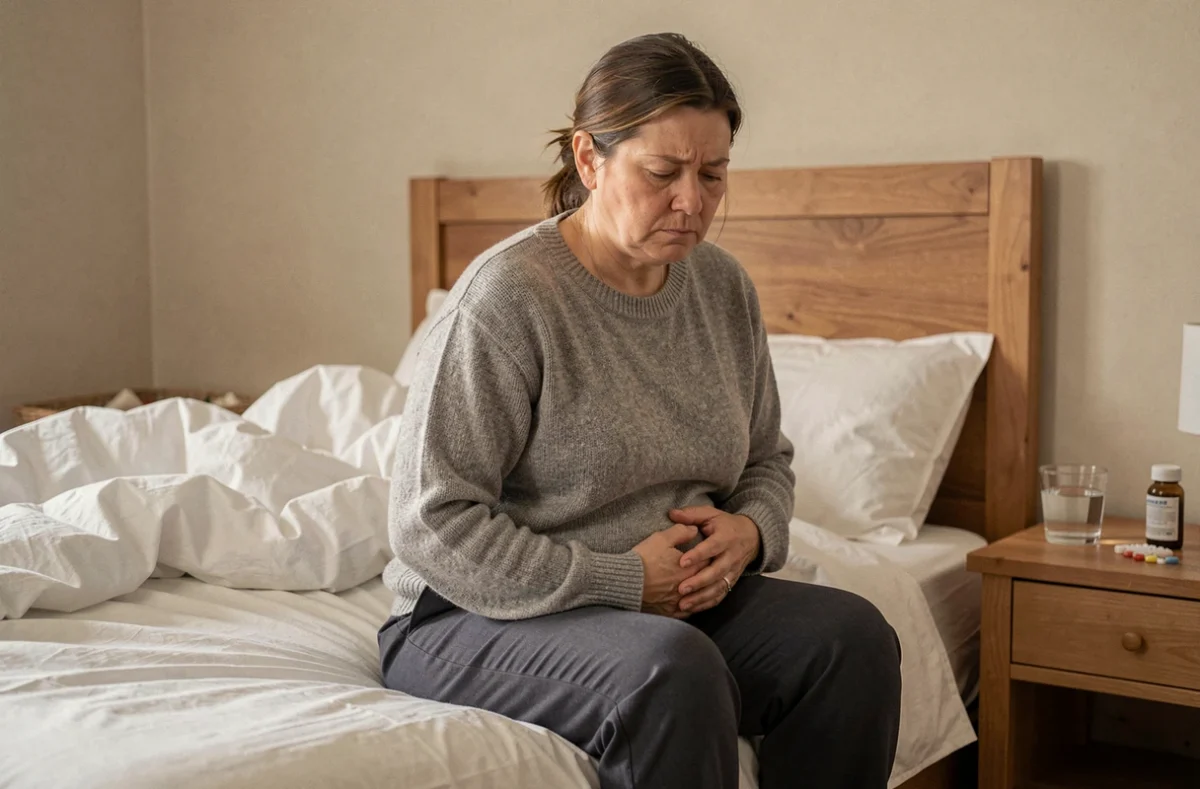 Femme d'âge mûr assise sur son lit tenant son ventre, illustrant l'inconfort lié à la constipation et l'inefficacité des microlavements