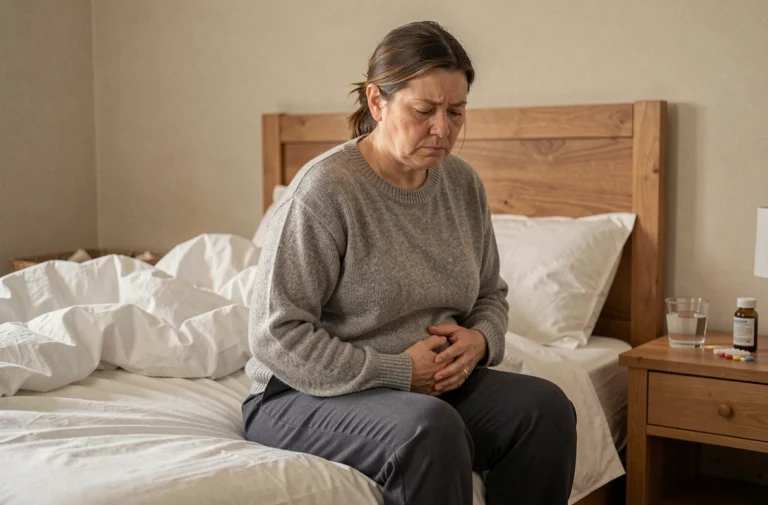 Femme d'âge mûr assise sur son lit tenant son ventre, illustrant l'inconfort lié à la constipation et l'inefficacité des microlavements