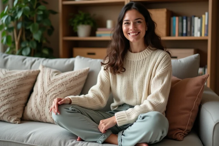 Femme assise sur un canapé cosy dans un salon chaleureux