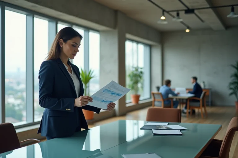 Femme cadre dirigeante analysant des rapports financiers dans un bureau moderne pour optimiser la gestion d'entreprise