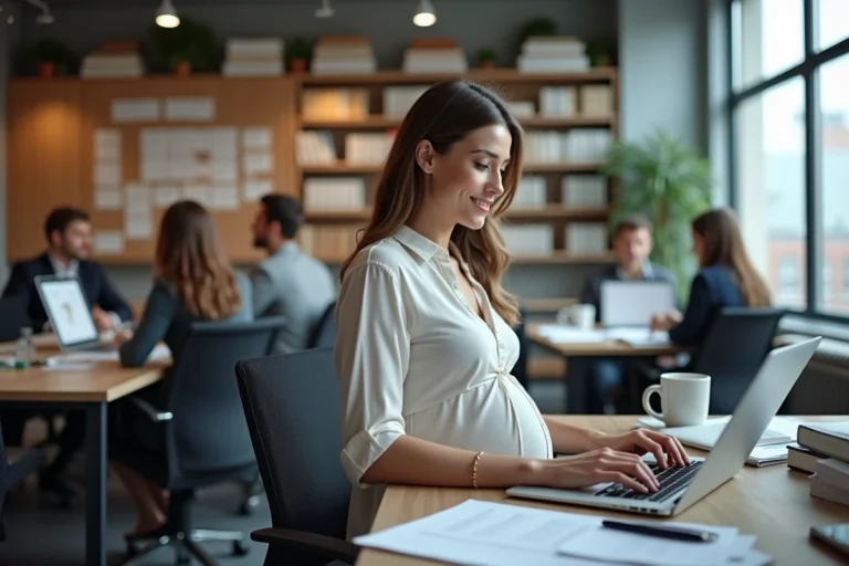 Femme enceinte travaillant au bureau avec sourire
