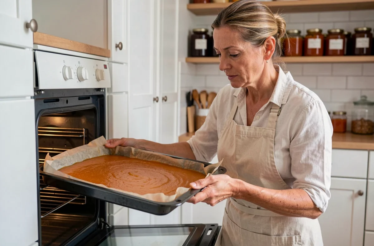 Femme plaçant une plaque de pâte de coing dans un four domestique, vue en cours de préparation dans une cuisine familiale