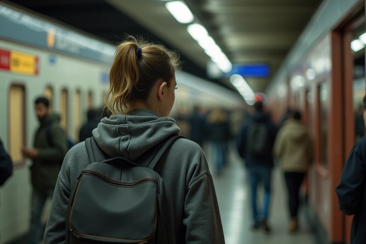 Jeune femme dans une gare en marche vers un train