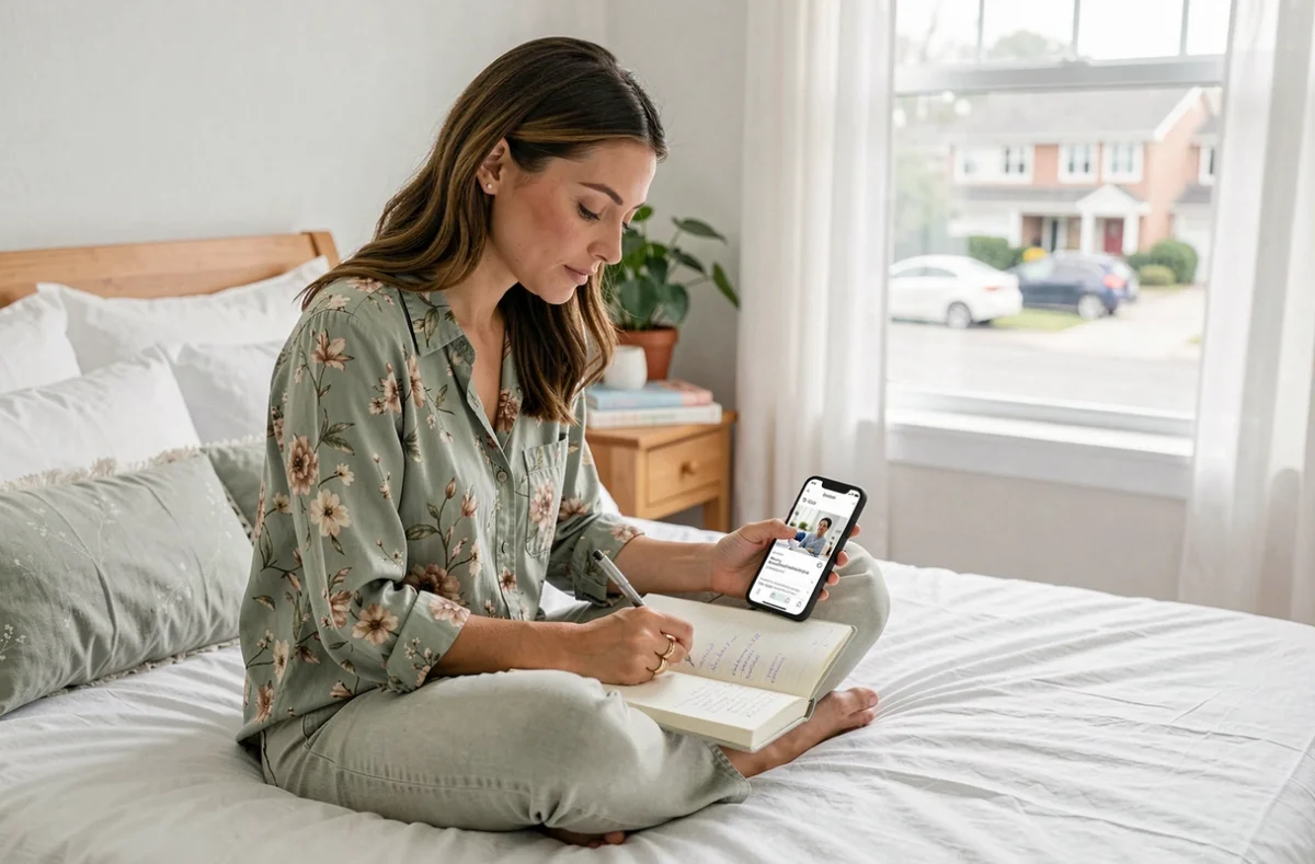 Jeune femme prenant des notes sur des blogs de puériculture recommandés depuis son smartphone, assise sur son lit