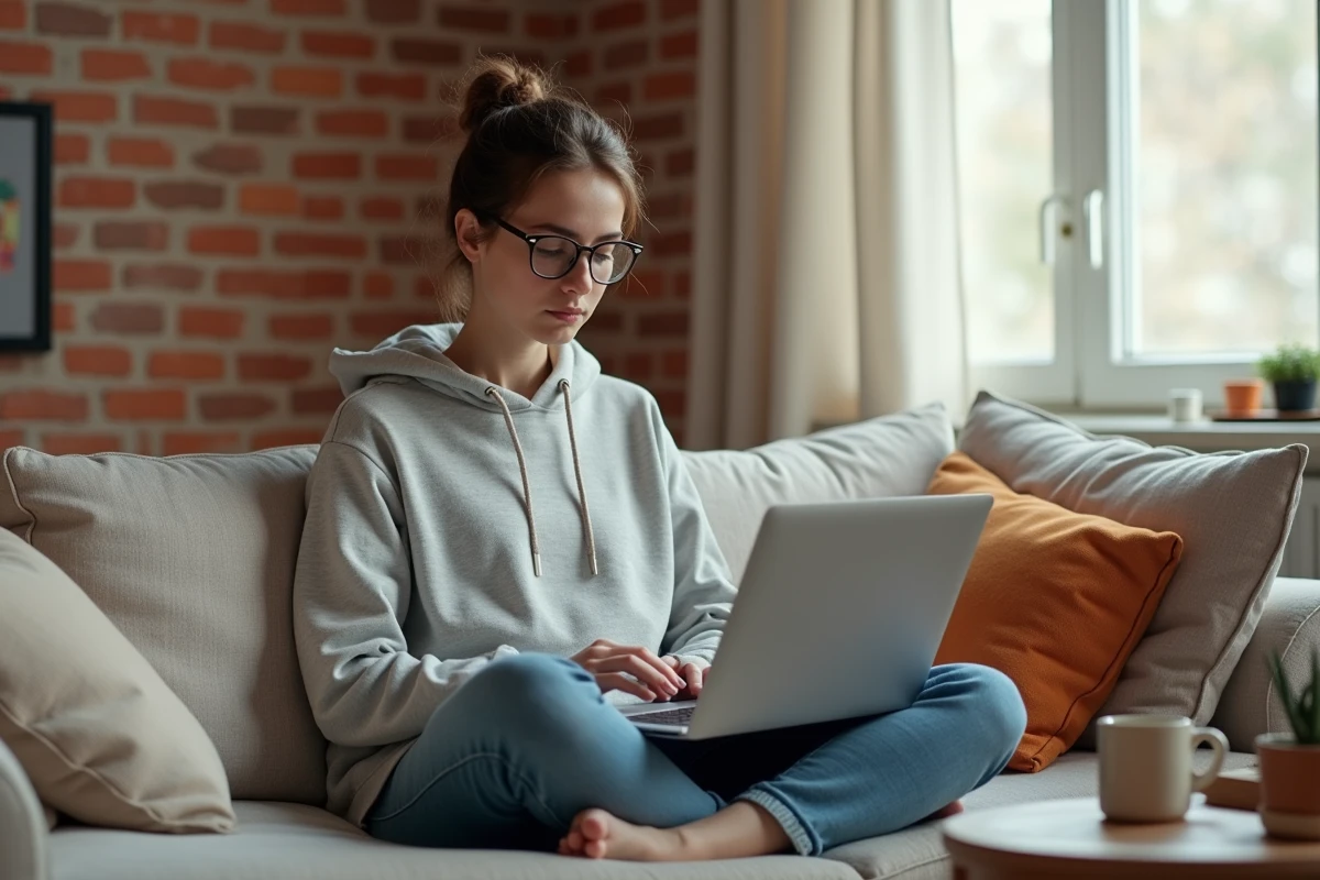 Femme parcourant les pages et ressources Linux sur un ordinateur portable dans un salon cosy avec mur en briques