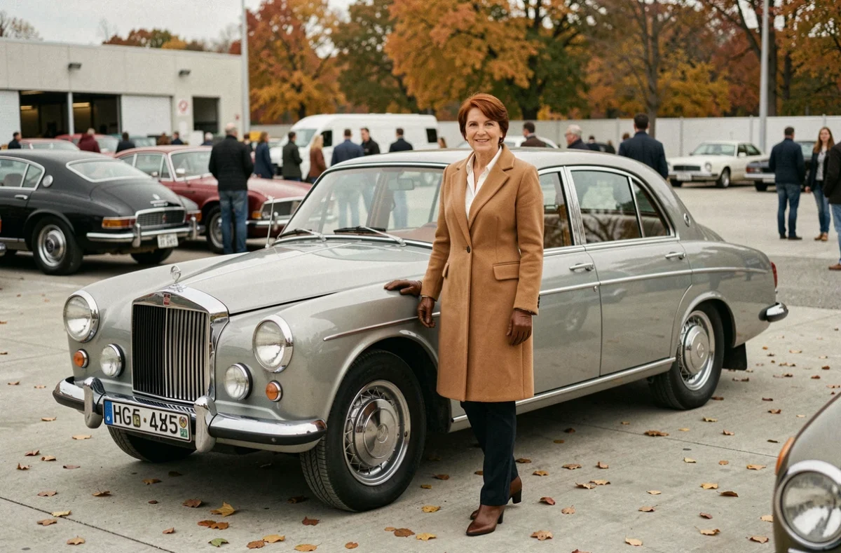 Femme passionnée d'automobile admirant une berline vintage lors d'un salon automobile en automne