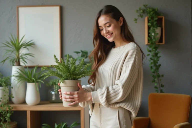 Jeune femme arrangeant plantes dans un salon moderne