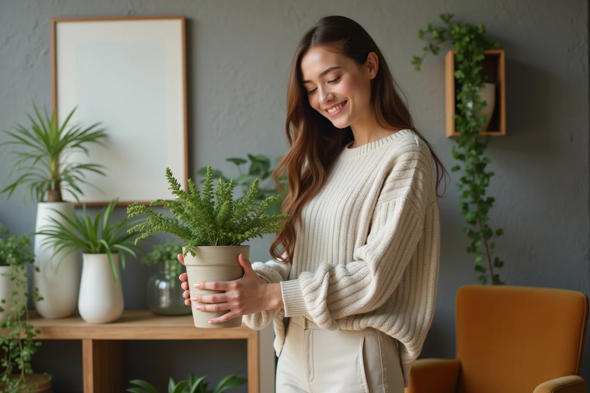 Jeune femme arrangeant plantes dans un salon moderne