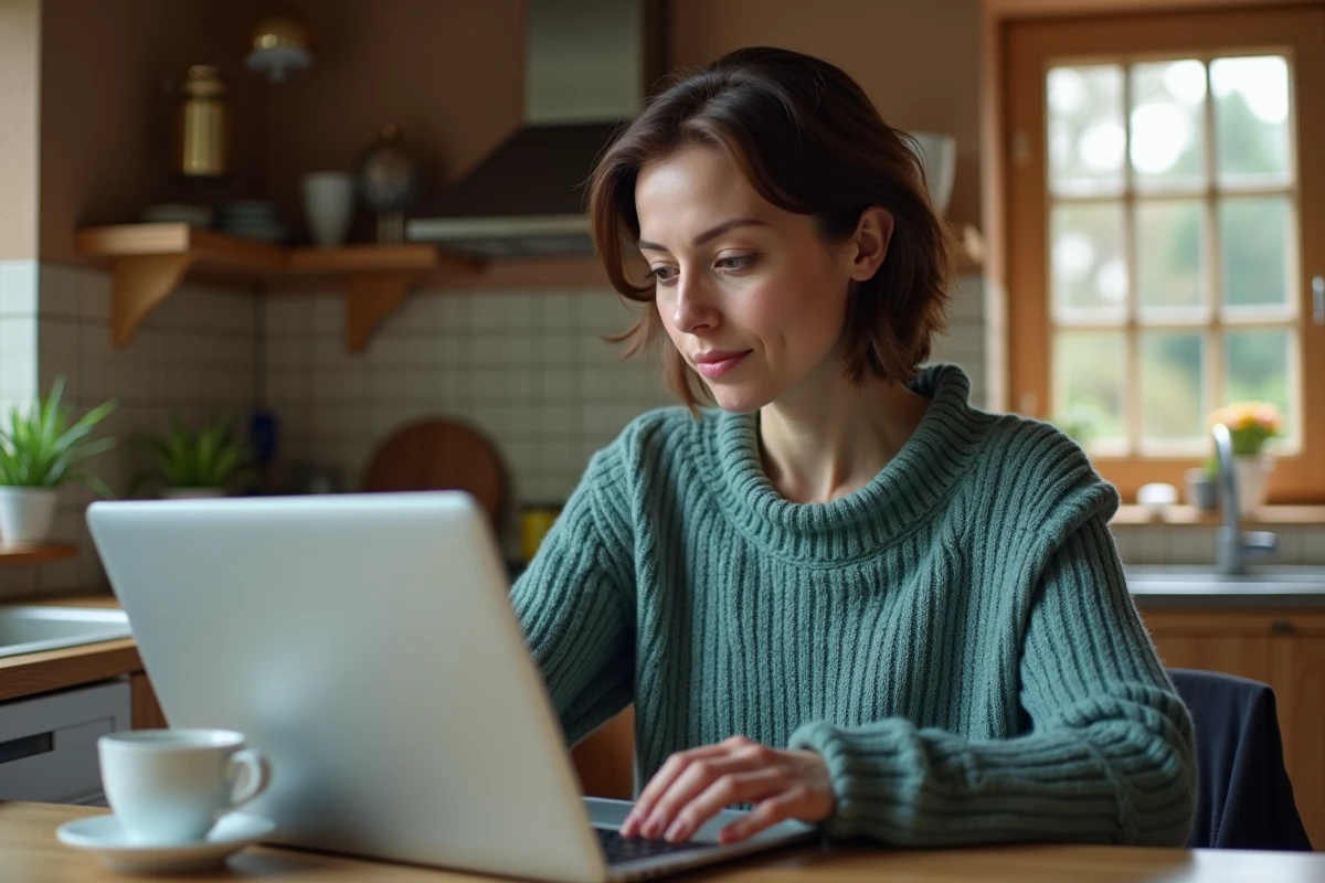 Femme consultant l'espace client Damart sur un ordinateur portable pour suivre une commande en ligne