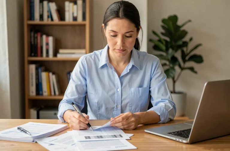 Femme consultant des relevés bancaires et documents financiers à son bureau à domicile