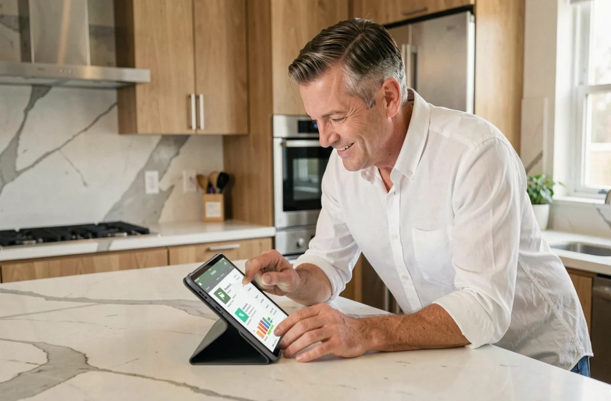 Homme gérant ses téléchargements de fichiers premium sur une tablette dans une cuisine moderne