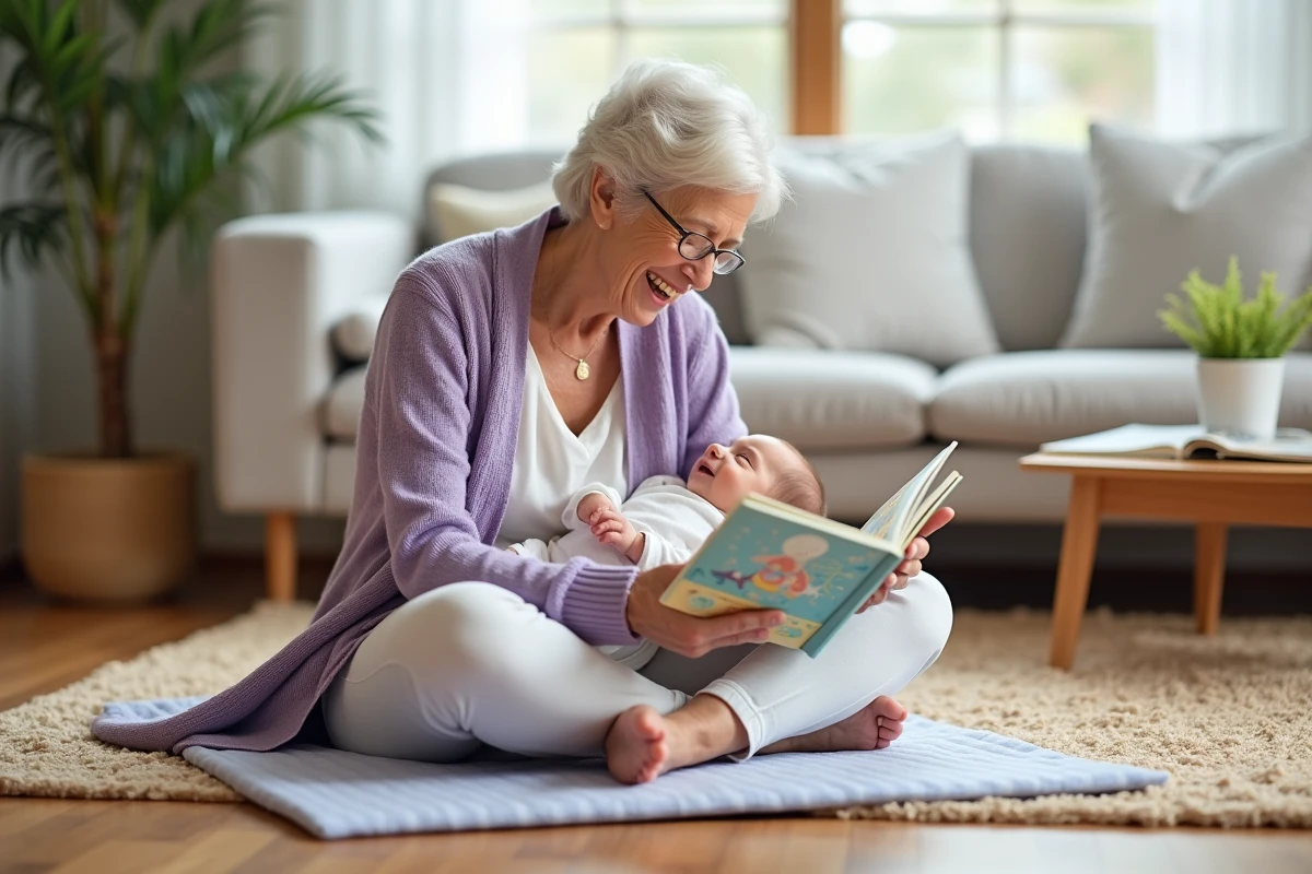 Grand-mère lisant un livre illustré à son nouveau-né posé sur un tapis de jeu dans un salon familial chaleureux