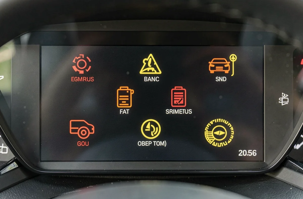 Gros plan sur les icônes et codes couleur des témoins d'alerte du tableau de bord numérique Peugeot 208