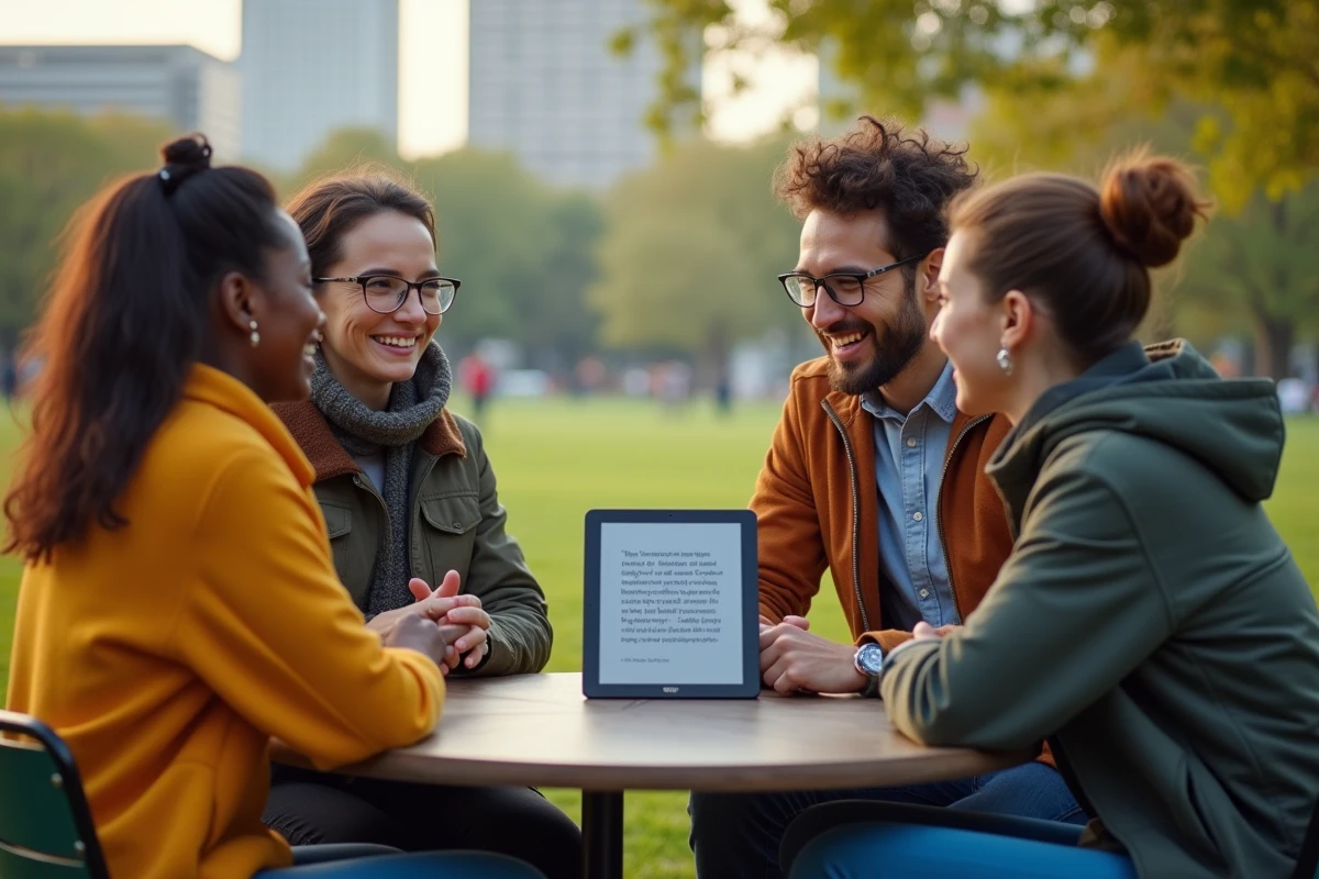 Jeunes discutant dans un parc urbain en plein air