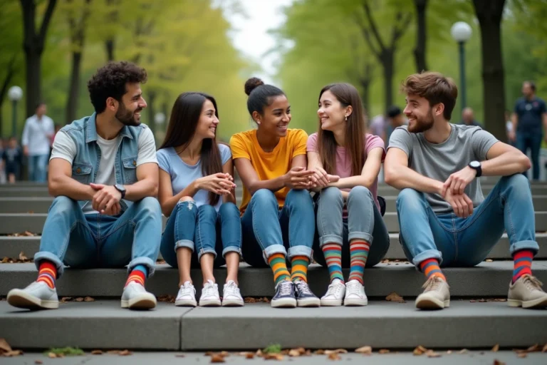 Groupe de jeunes adultes en chaussettes colorées dans un parc urbain