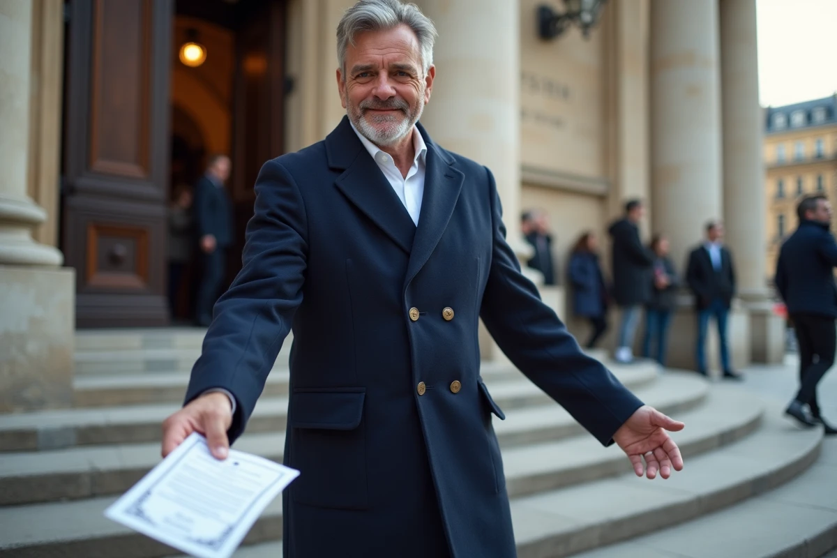 Homme tenant son certificat France Travail devant un musée parisien