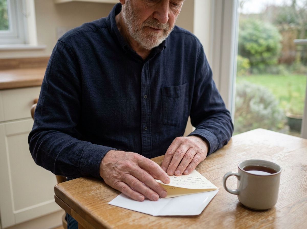 Homme âgé pliant une carte de remerciement après un décès, assis dans une cuisine calme avec une enveloppe blanche sur la table