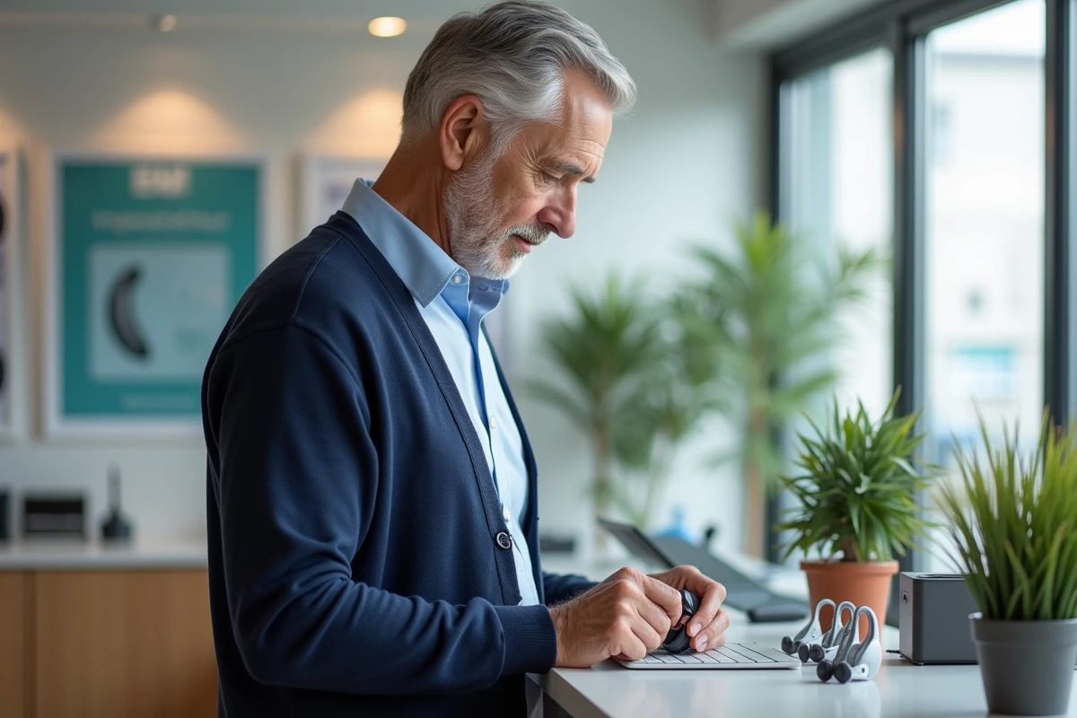 Homme âgé examinant des appareils auditifs en centre