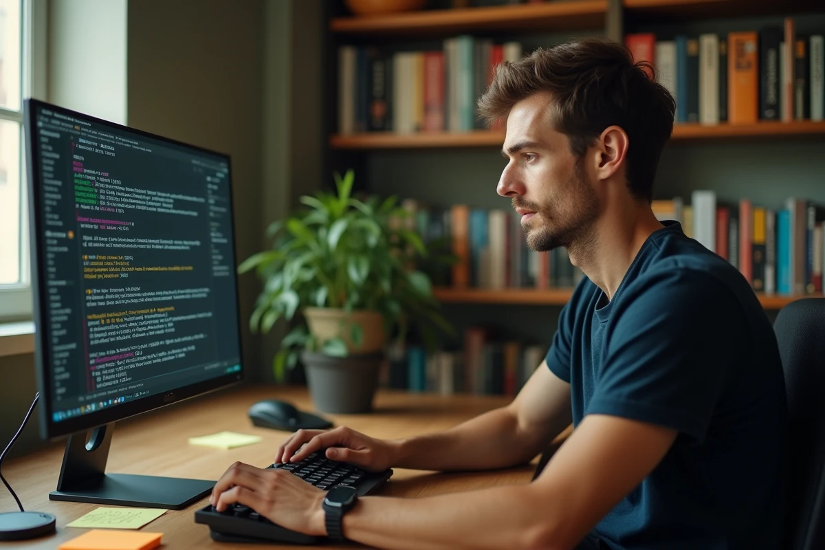 Homme consultant les ressources et pages de Labo Linux sur un ordinateur de bureau dans un bureau à domicile moderne