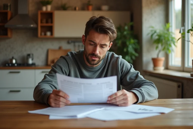 Homme vérifiant des documents d'assurance dans son salon