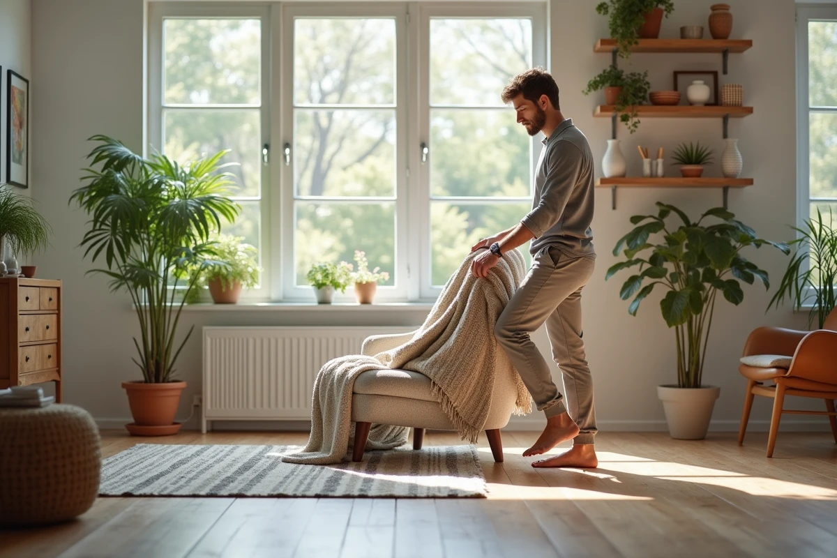 Homme ajustant un jeté sur un fauteuil moderne dans un intérieur lumineux