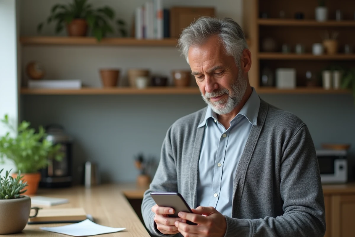 Homme vérifiant le suivi de livraison d'une commande Damart sur smartphone depuis son domicile