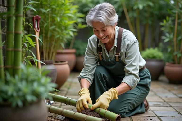 Femme jardinant séparant des rhizomes de bambou avec gants